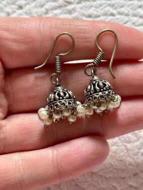 Silver Tone Jhumka Earrings Pearl Bead Oxidized Indian Bell Dangle Boho